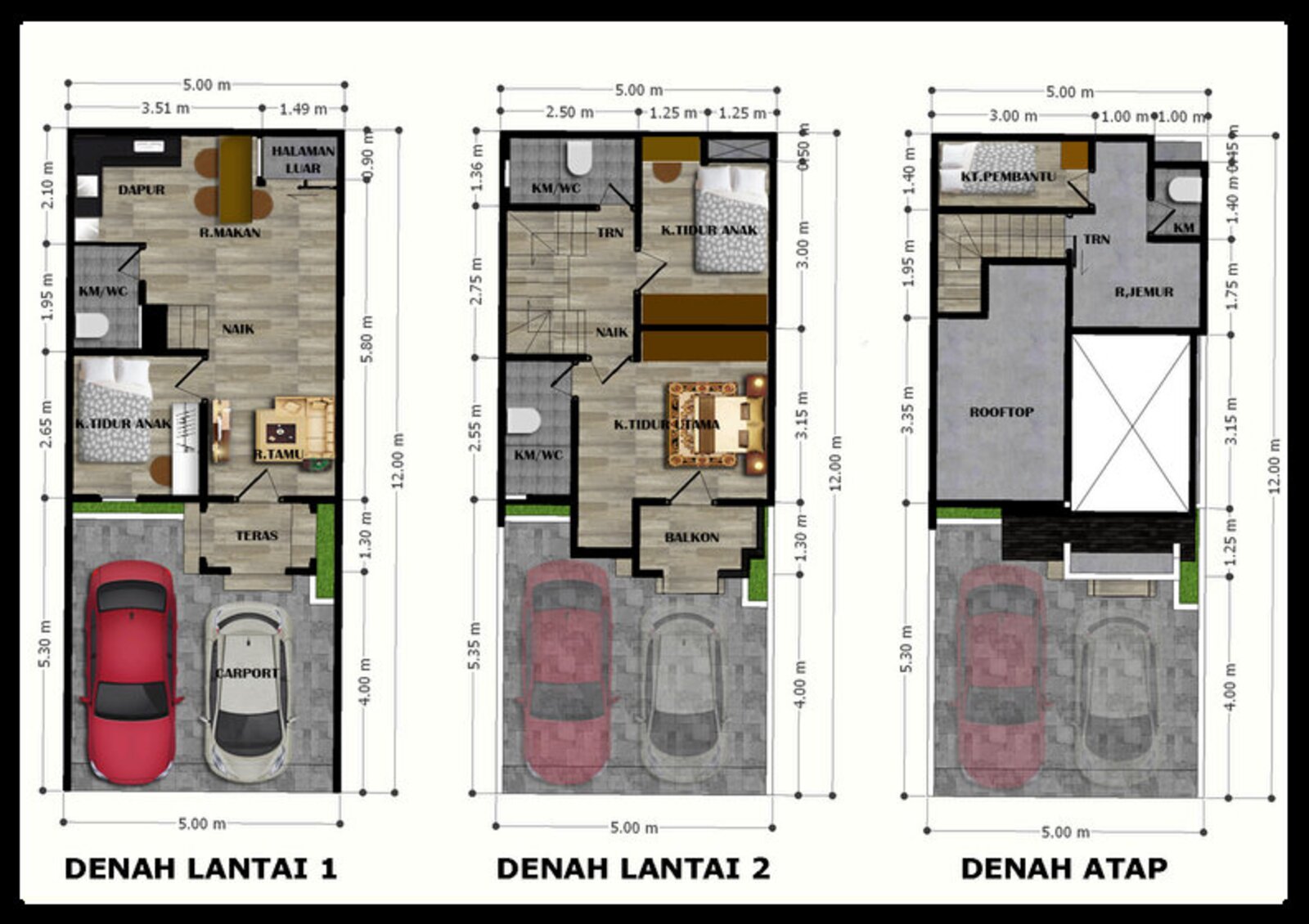 Denah lantai Ahsanu Home Jagakarsa Type 100/60 — lantai 1, lantai 2, dan rooftop